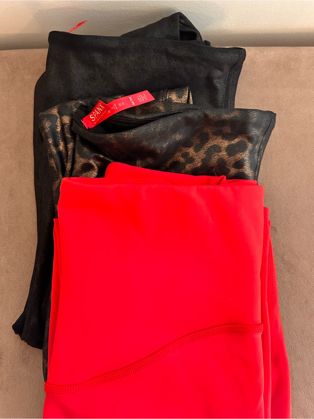 SPANX bundle Red/orange, faux leather Black,& Leopard 3 pairs.